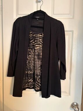 Elementz Black Open-Front Cardigan with Animal-Print Shell Accent